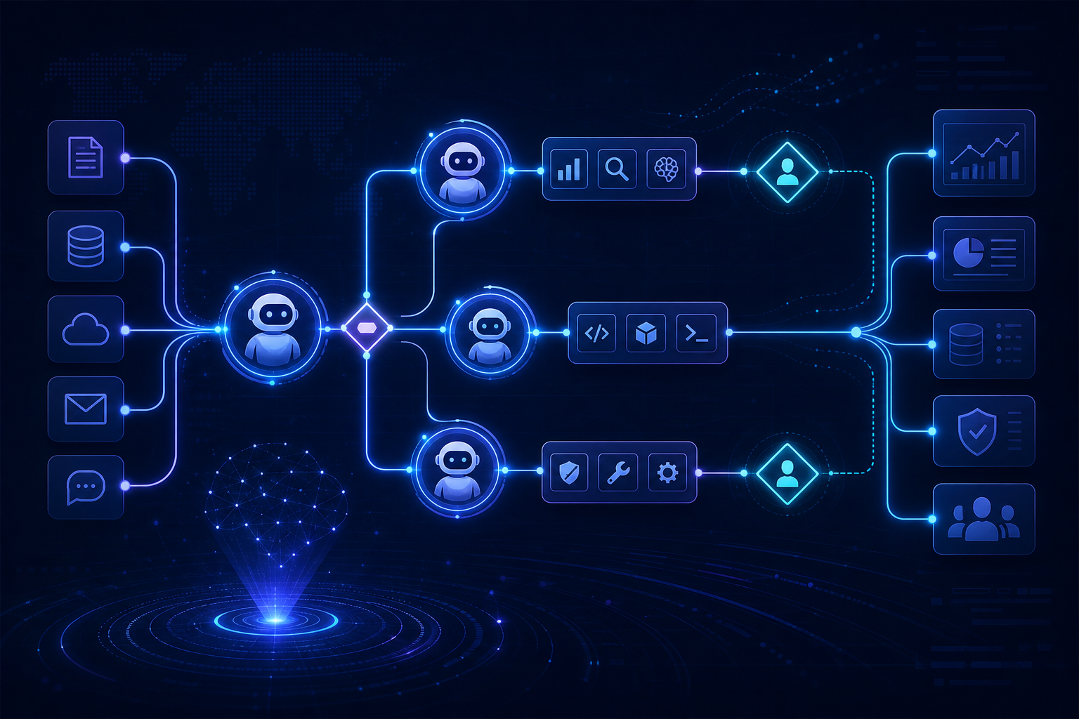 Futuristic AI agent interface with workflow automation nodes and data connections.