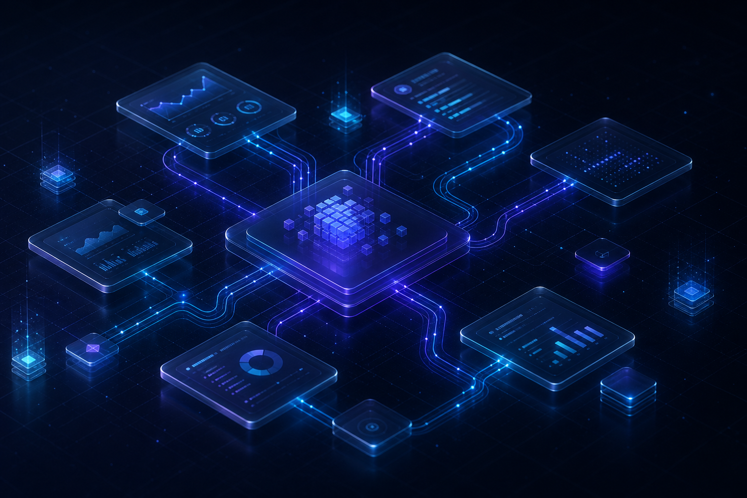 Abstract isometric scene representing AI-native software architecture with glowing data flows and dashboard cards.