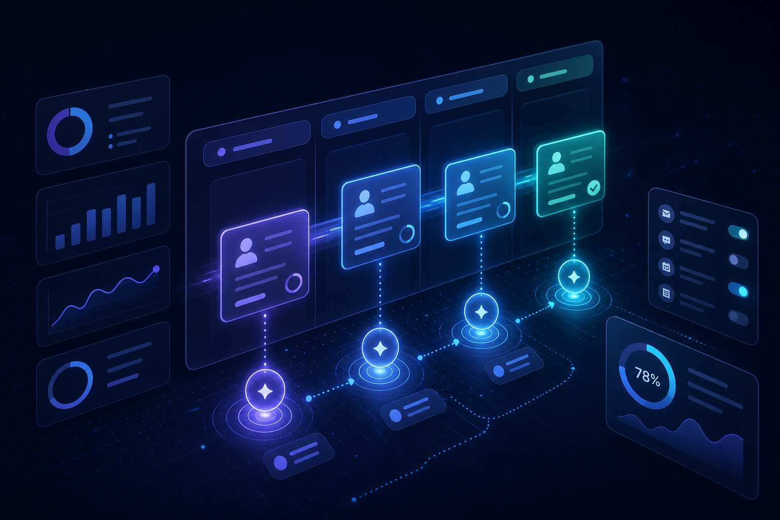 Kanban-style CRM pipeline being orchestrated by AI agents and forecast charts.