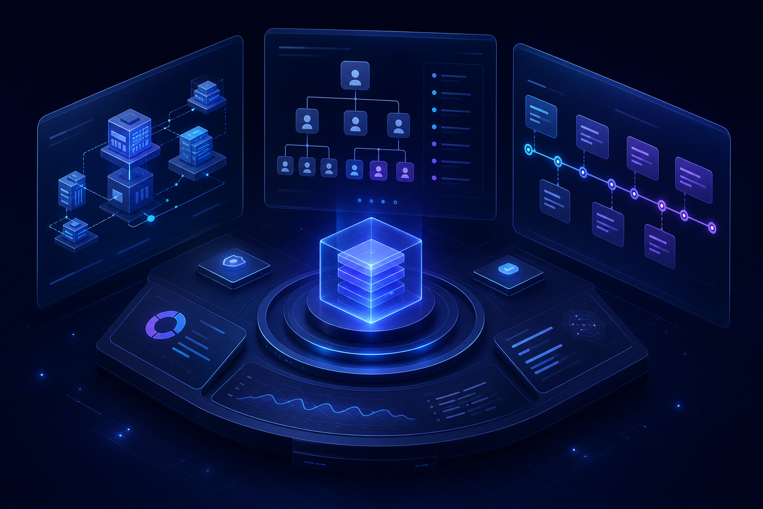 Strategic technical leadership represented as a glowing command center with architecture and roadmap screens.