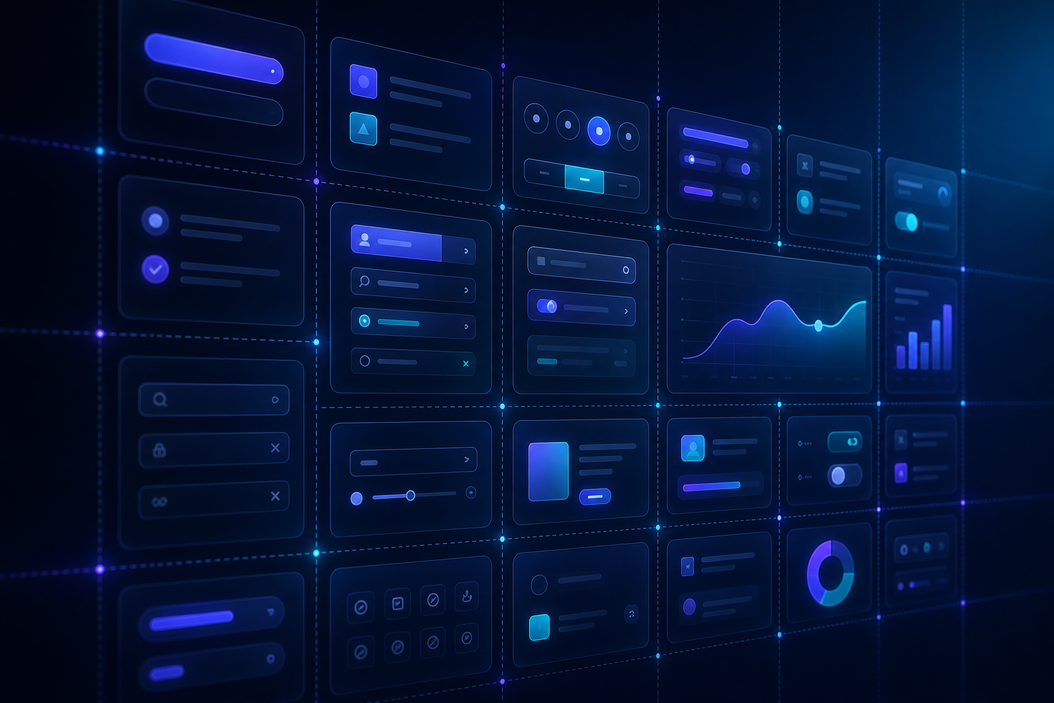 Premium design-system component library laid out as glowing aligned tiles.