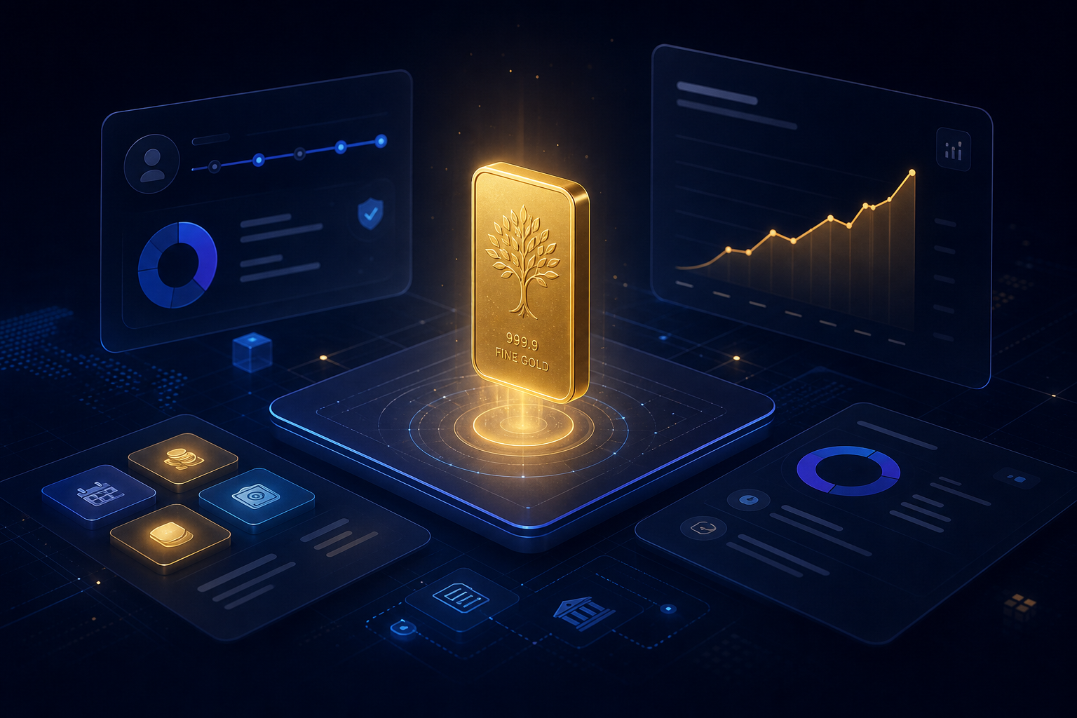 Digital gold savings fintech scene with a glowing gold bar and accumulation chart.