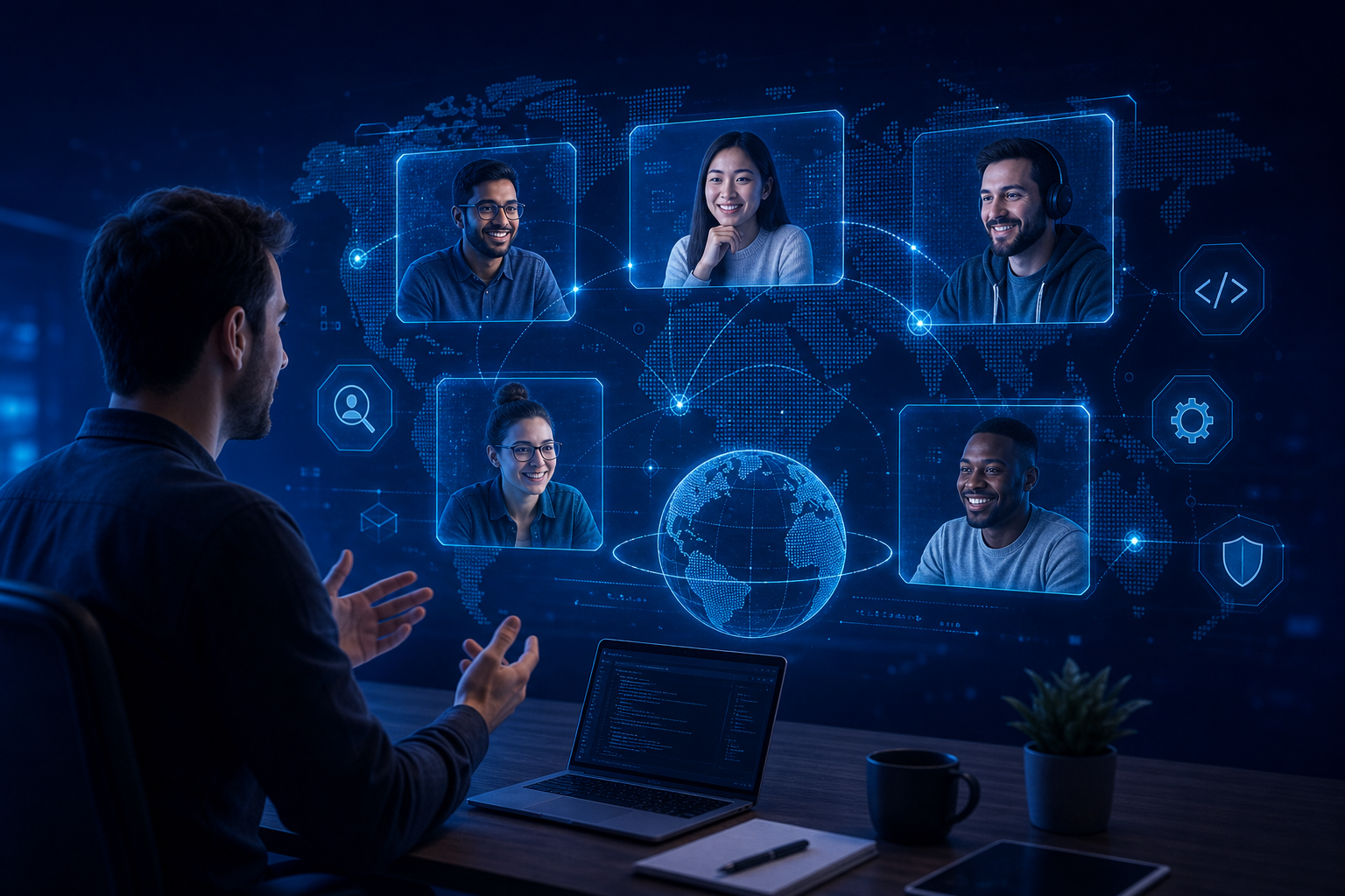 Founder interviewing a remote engineering team on a video conference call.