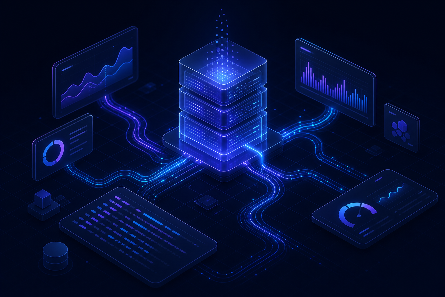 A glowing observability server stack feeding multiple chart panels and log streams.