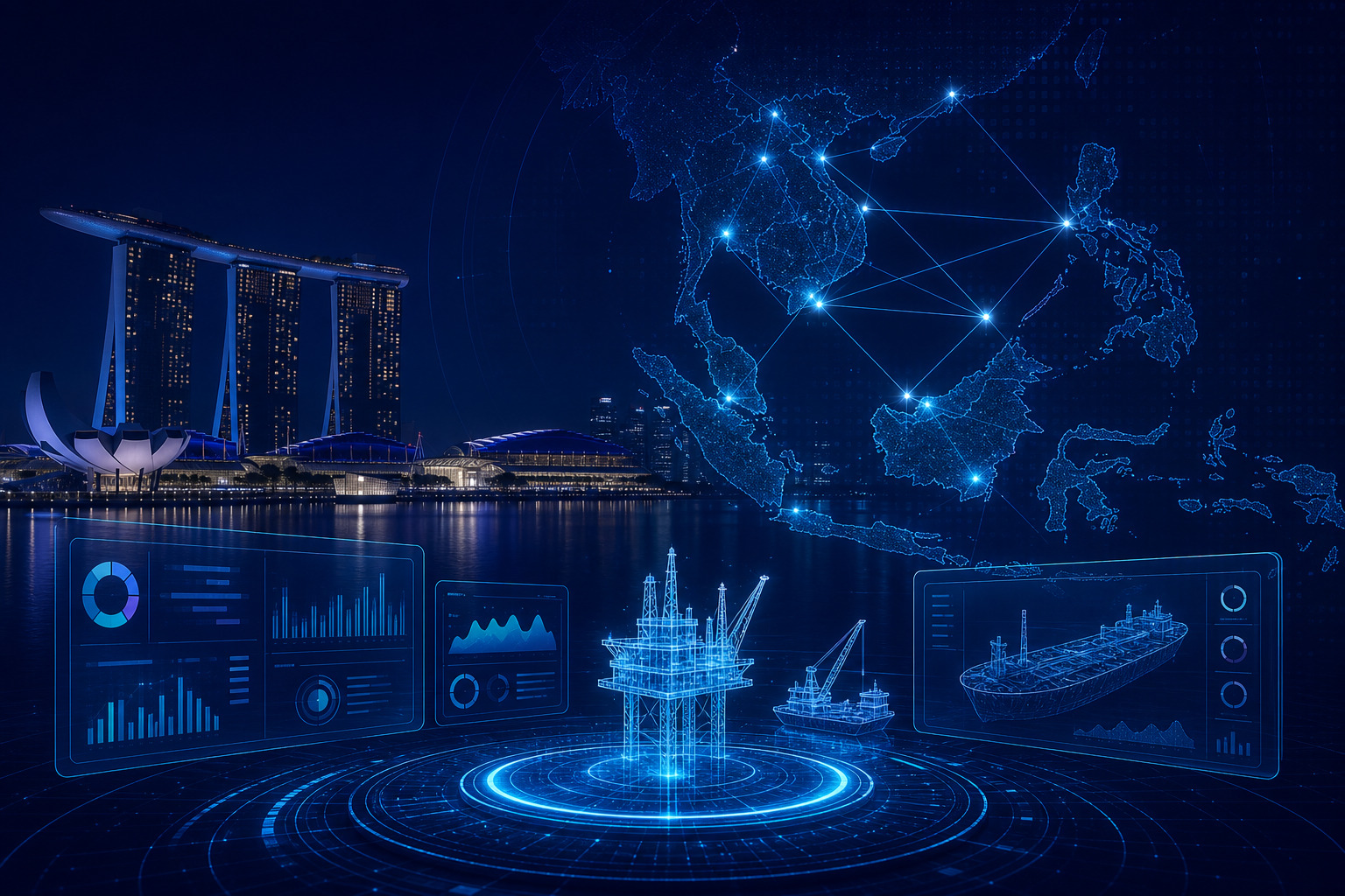 Singapore Marina Bay skyline at night, APAC technology hub.