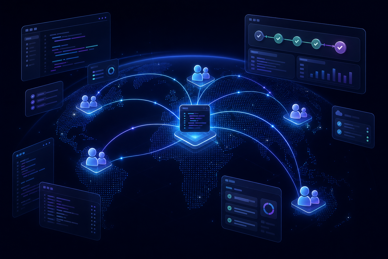 Global engineering collaboration represented as glowing terminal windows linked across continents.