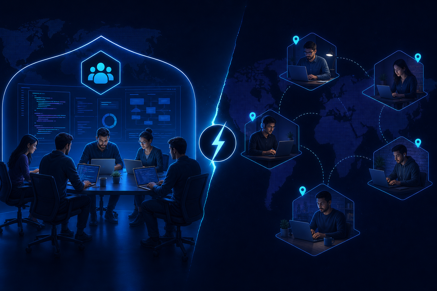 Distributed engineering team collaborating across time zones on video call.
