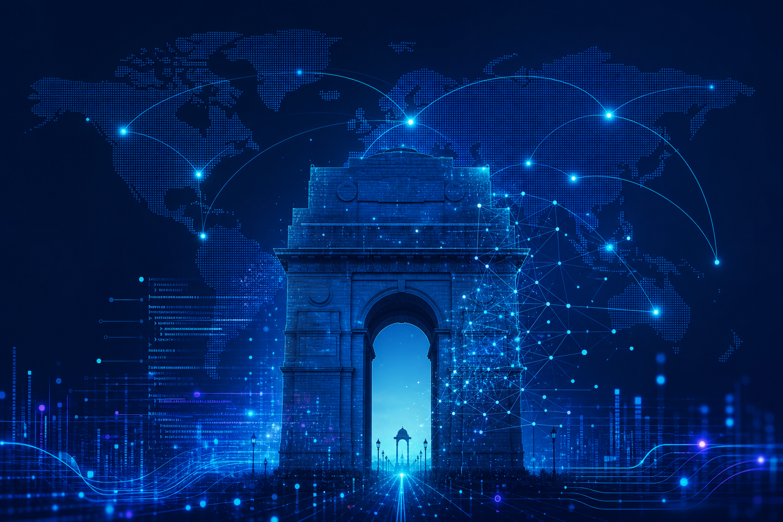 India Gate and modern cityscape representing India's global software delivery hub.