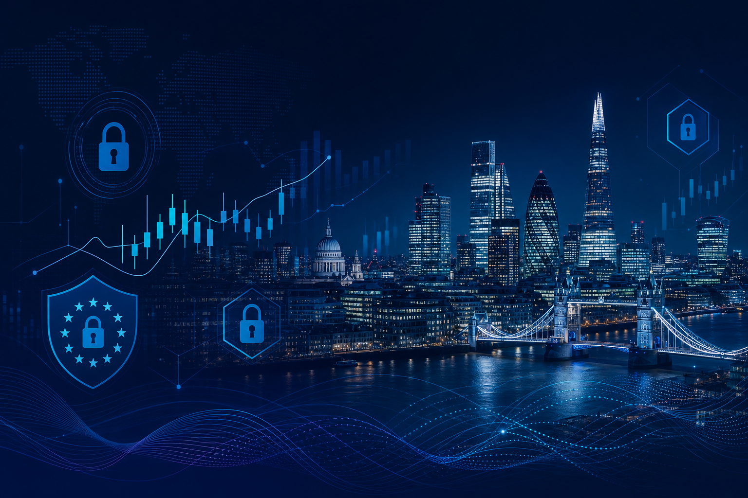 London financial district skyline representing UK fintech and SaaS markets.