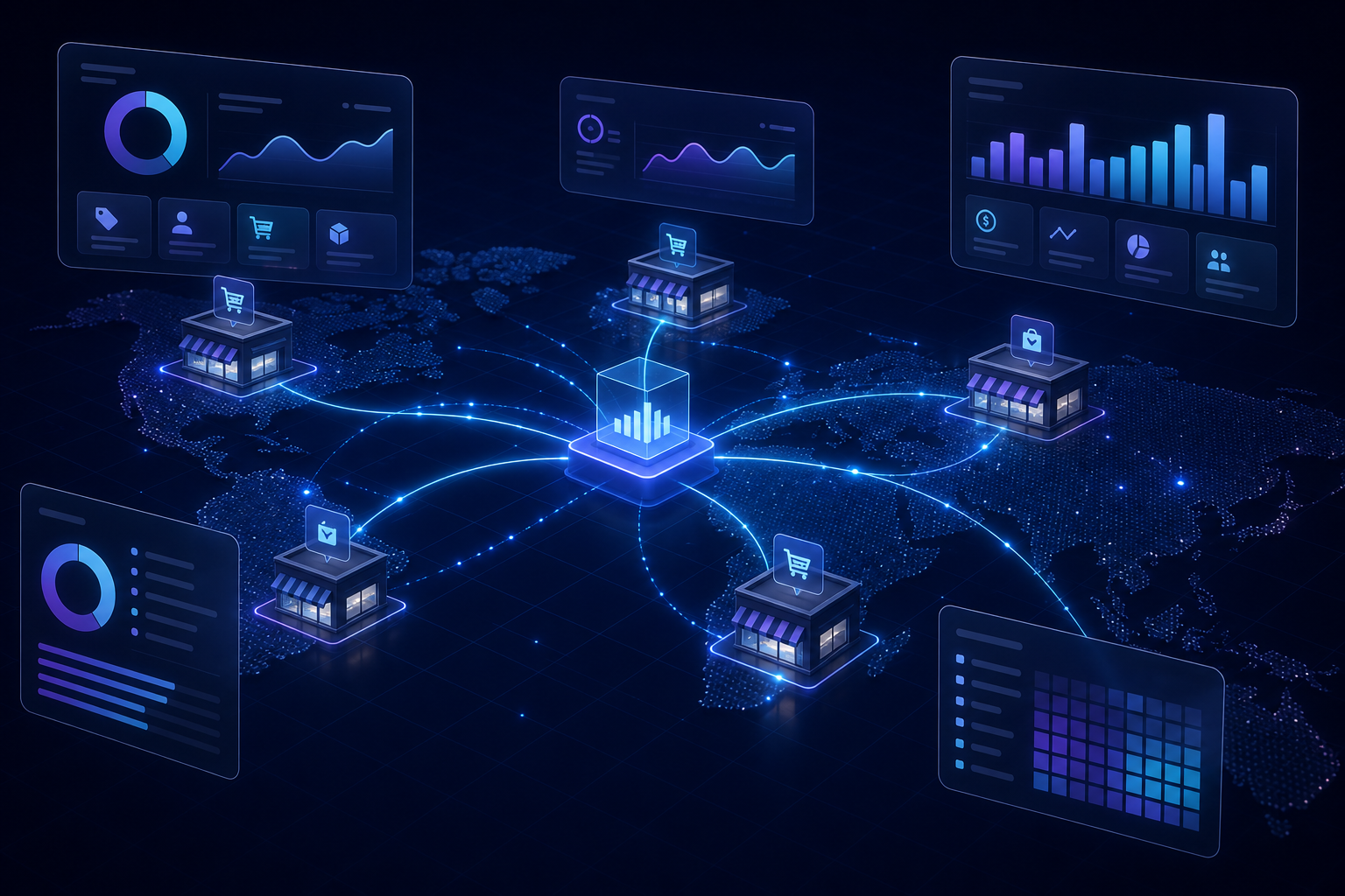 Multi-branch retail network synchronizing in real time across a stylized world map.