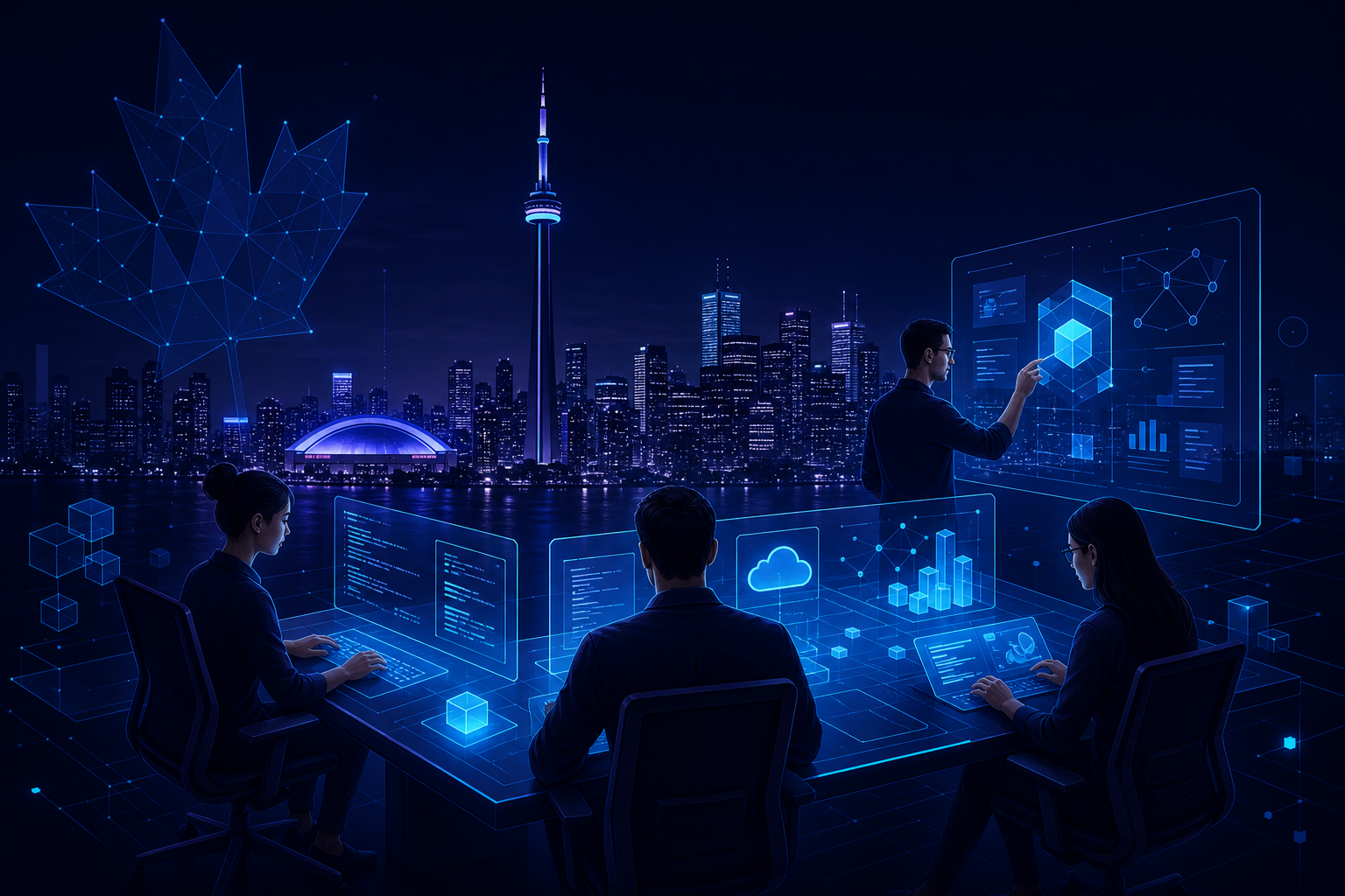 Toronto cityscape with CN Tower representing Canadian technology sector.