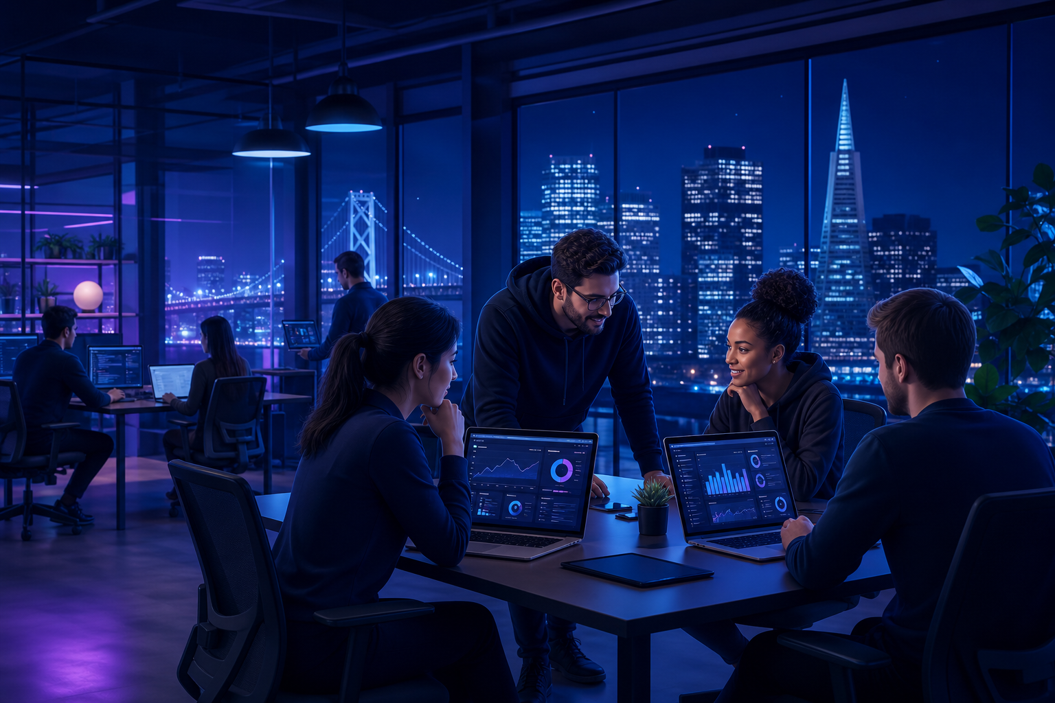 Modern US startup office with engineers collaborating on product screens.
