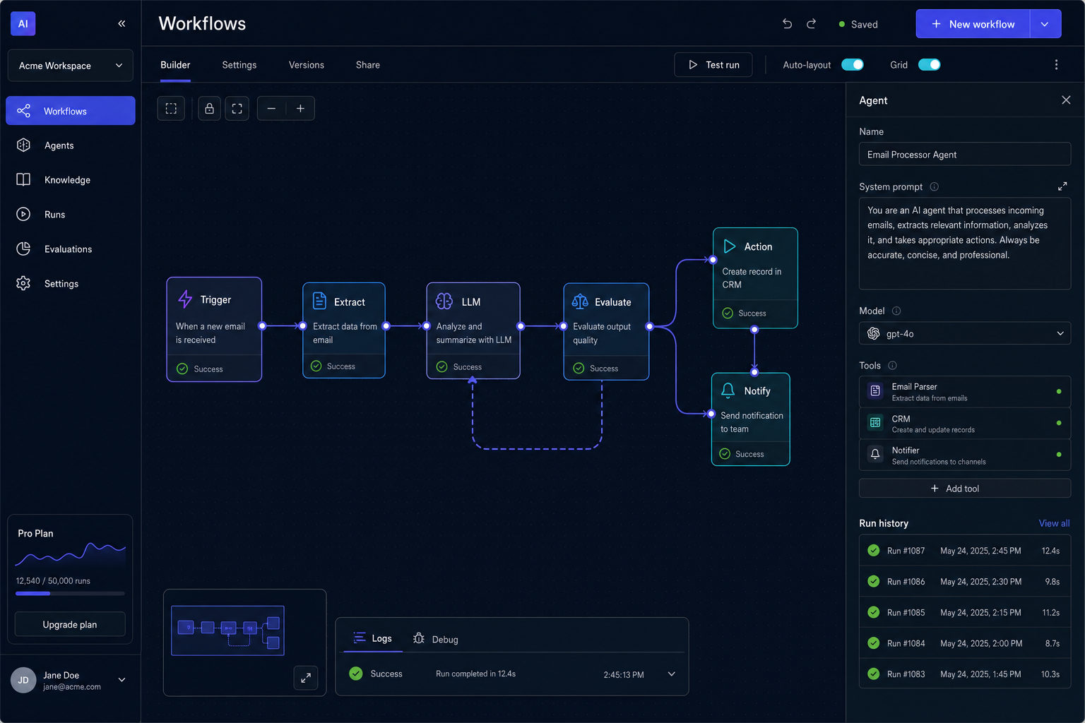 Workflow builder powering the AI agents behind the CRM.
