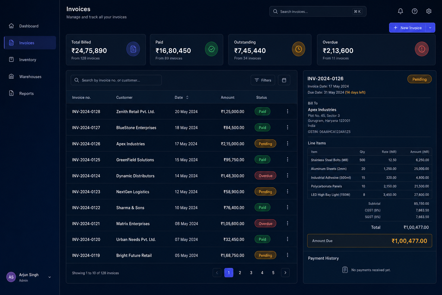 Operational dashboard with invoices, inventory and reconciliation.